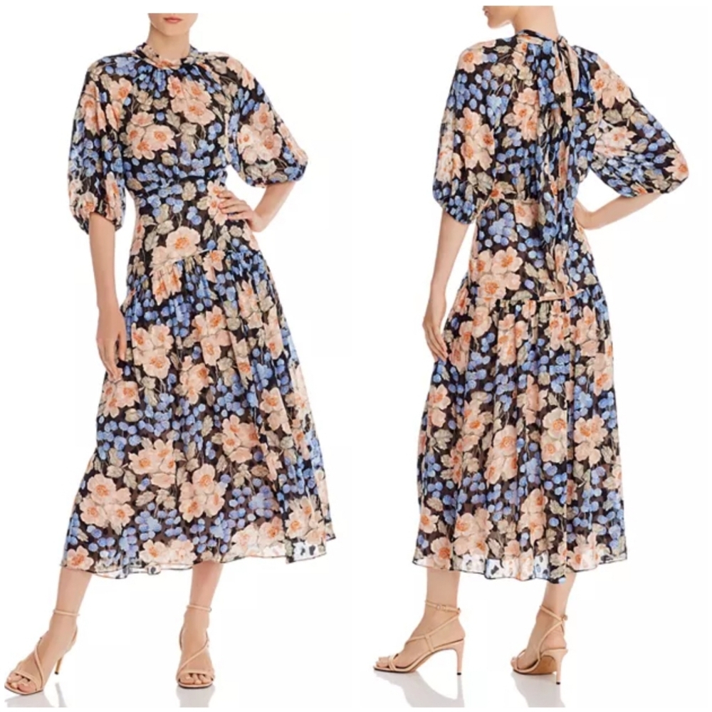 NEW Rebecca Taylor Tie Neck Rose Blush Print Silk-Blend Midi Dress Black, Sz 2